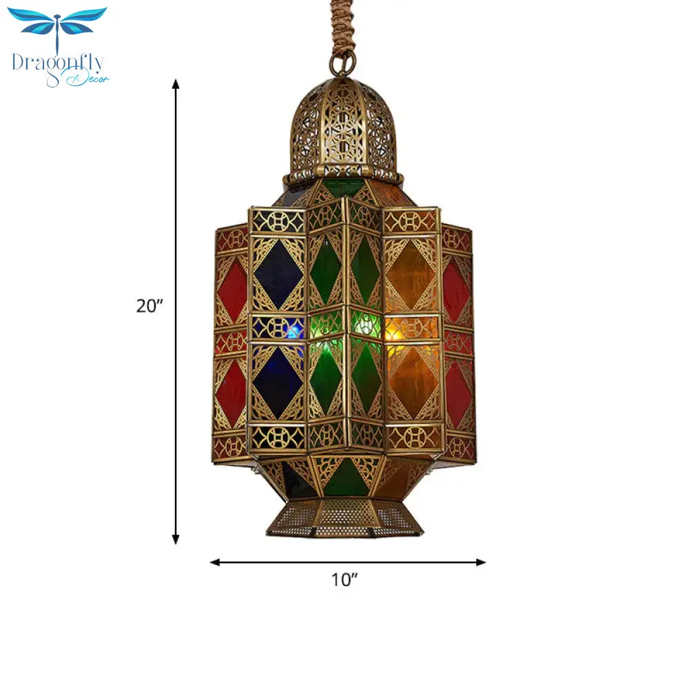 Lantern Stained Glass Hanging Light Fixture Art Deco 3 Bulbs Corridor Pendant Chandelier In Brass