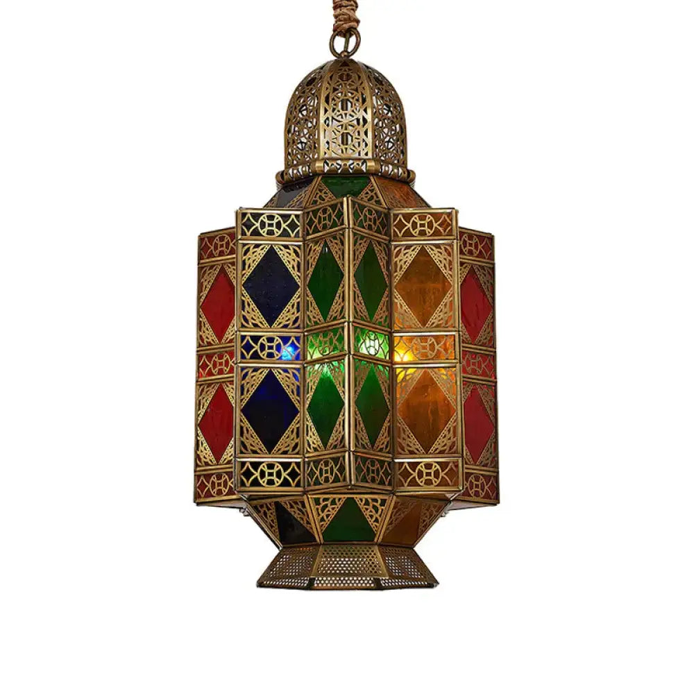 Lantern Stained Glass Hanging Light Fixture Art Deco 3 Bulbs Corridor Pendant Chandelier In Brass