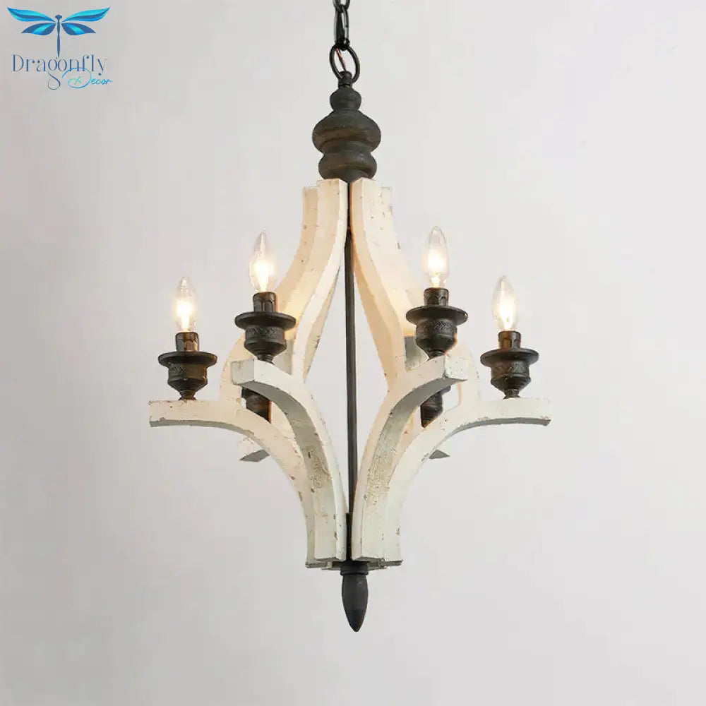 Laser - Cut Chandelier Lamp Nordic Wood 4 Heads White Pendant Lighting Fixture With Adjustable Chain