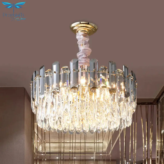 Layered Drum Crystal Chandelier Contemporary 5 - Light Dining Room Ceiling Suspension Lamp In Gold