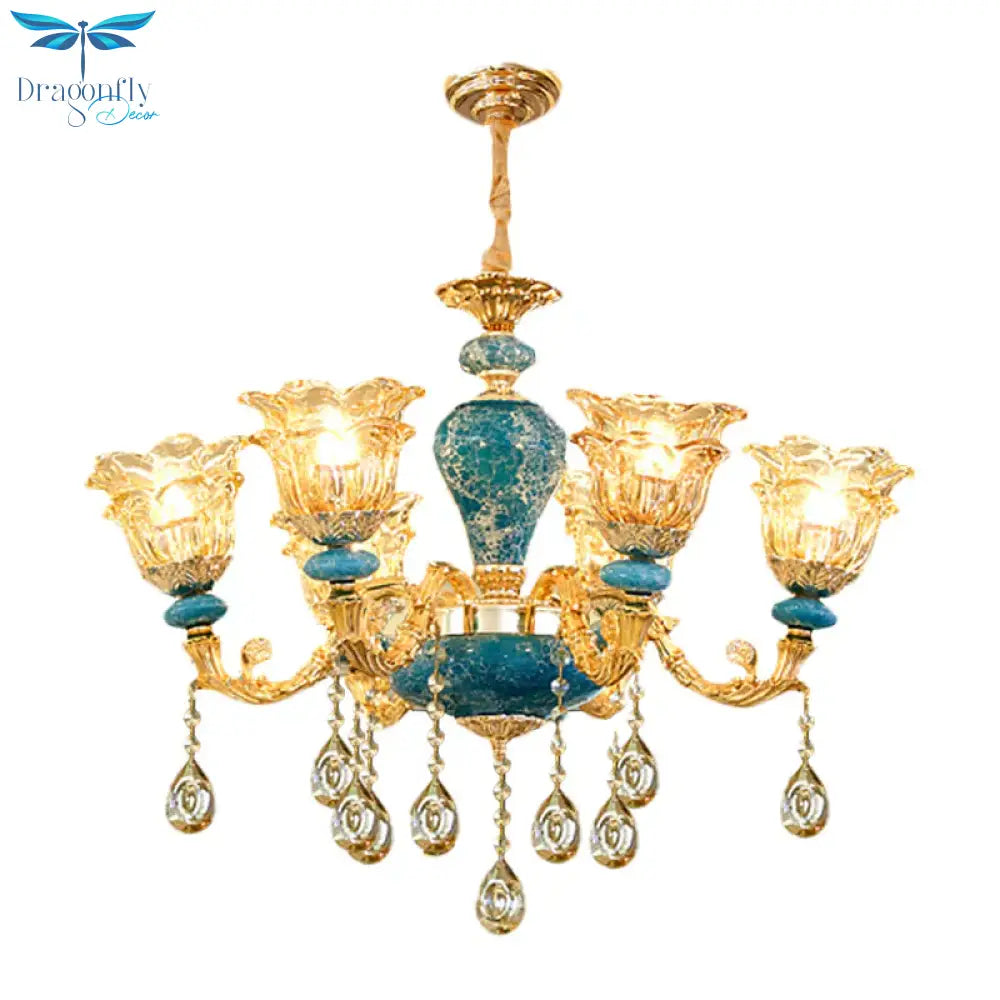 Layered Flower Amber Glass Chandelier Traditional 6 Lights Bedroom Ceiling Suspension Lamp In Blue