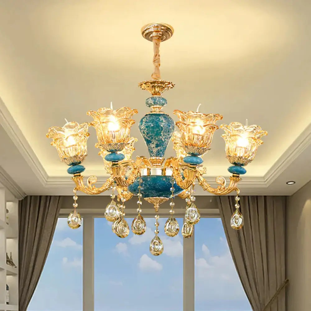 Layered Flower Amber Glass Chandelier Traditional 6 Lights Bedroom Ceiling Suspension Lamp In Blue