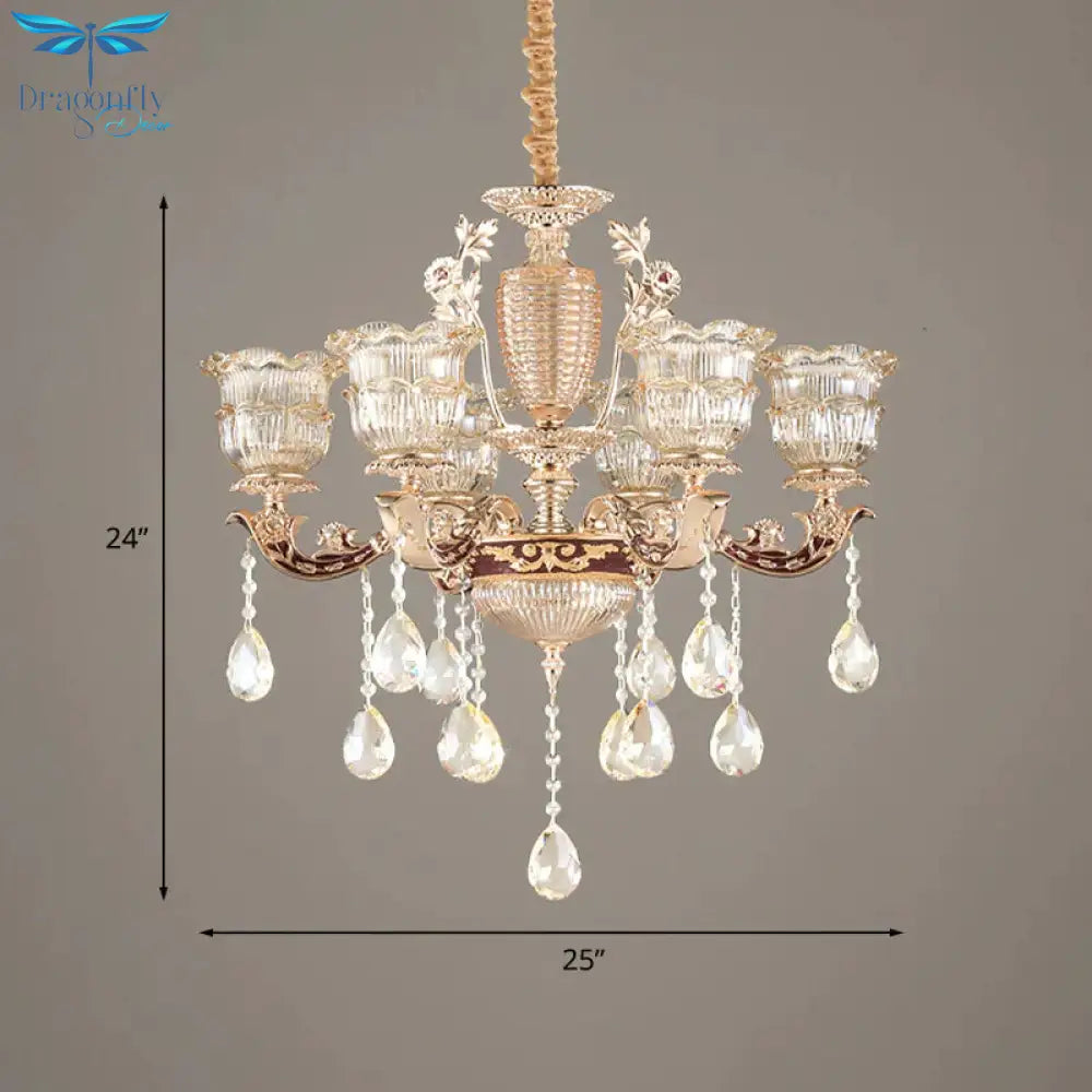 Layered Ruffle Ribbed Glass Drop Pendant 6 Bulbs Bedroom Chandelier Lighting In Gold With Dangling