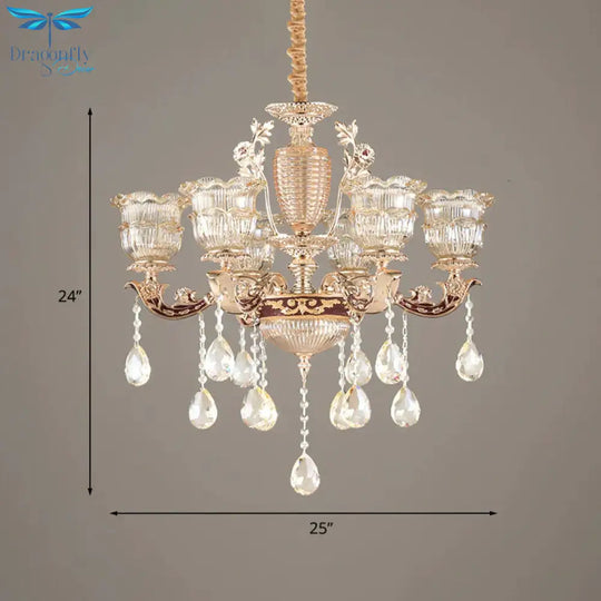 Layered Ruffle Ribbed Glass Drop Pendant 6 Bulbs Bedroom Chandelier Lighting In Gold With Dangling