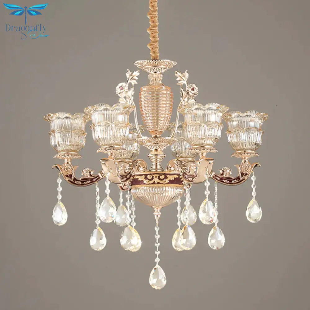 Layered Ruffle Ribbed Glass Drop Pendant 6 Bulbs Bedroom Chandelier Lighting In Gold With Dangling