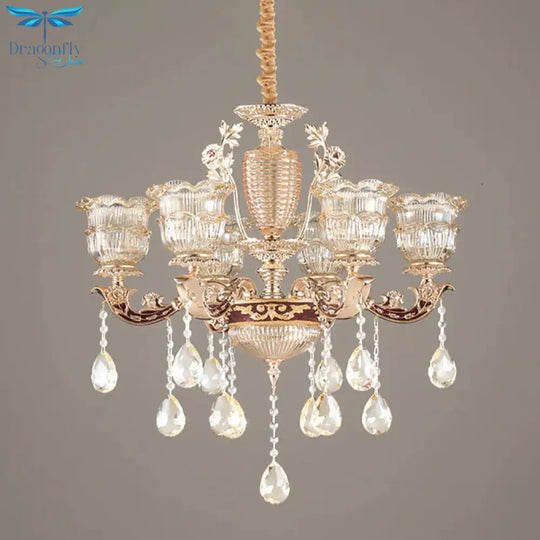 Layered Ruffle Ribbed Glass Drop Pendant 6 Bulbs Bedroom Chandelier Lighting In Gold With Dangling