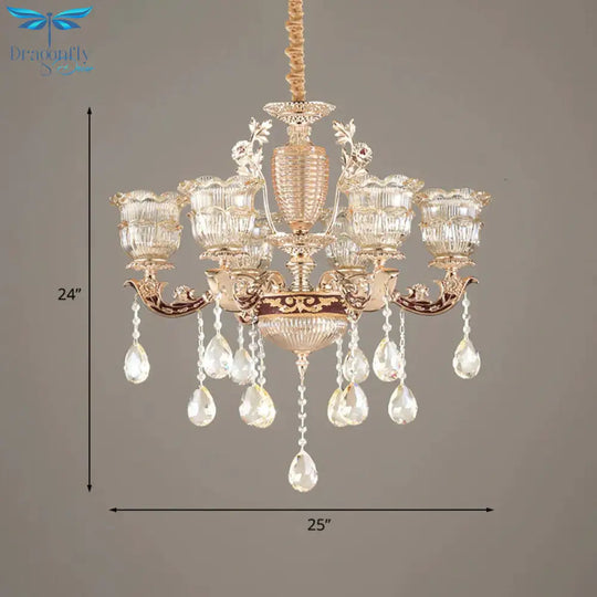 Layered Ruffle Ribbed Glass Drop Pendant 6 Bulbs Bedroom Chandelier Lighting In Gold With Dangling