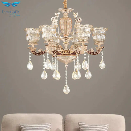 Layered Ruffle Ribbed Glass Drop Pendant 6 Bulbs Bedroom Chandelier Lighting In Gold With Dangling