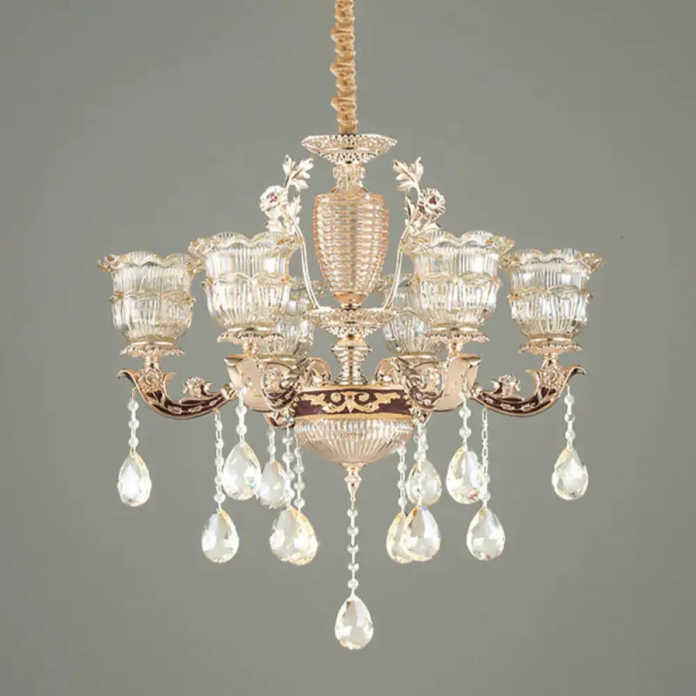 Layered Ruffle Ribbed Glass Drop Pendant 6 Bulbs Bedroom Chandelier Lighting In Gold With Dangling
