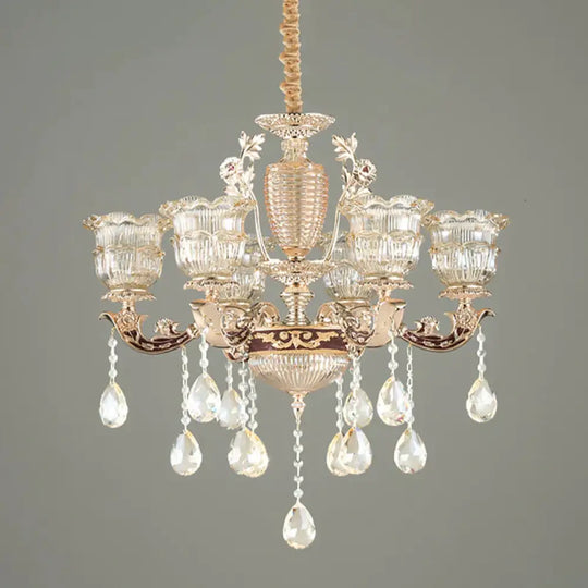 Layered Ruffle Ribbed Glass Drop Pendant 6 Bulbs Bedroom Chandelier Lighting In Gold With Dangling