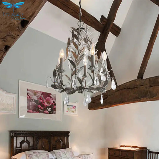 Leaf Hanging Chandelier Traditional 5 - Bulb Dangling Crystal Bead Suspended Lighting Fixture In