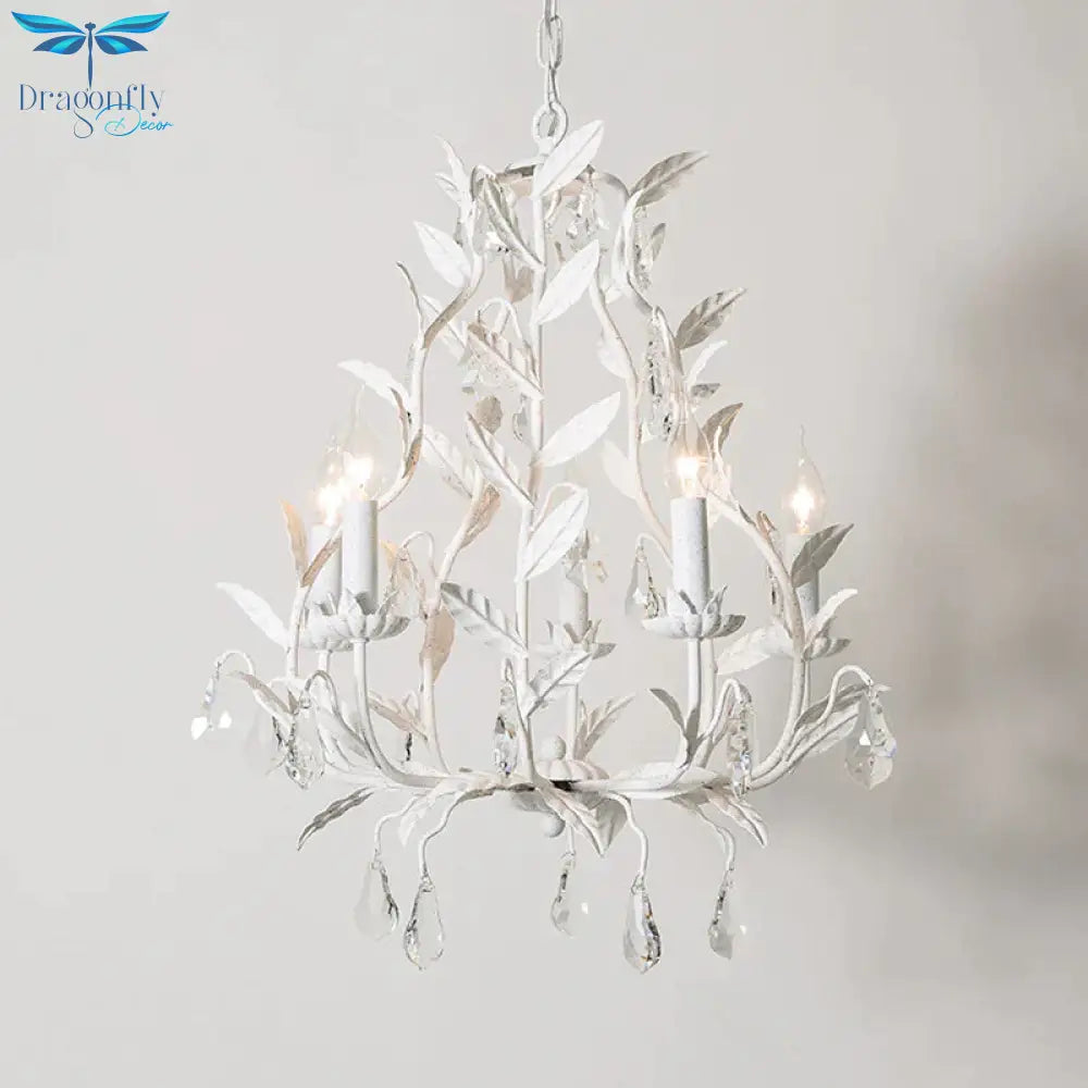 Leaf Hanging Chandelier Traditional 5 - Bulb Dangling Crystal Bead Suspended Lighting Fixture In