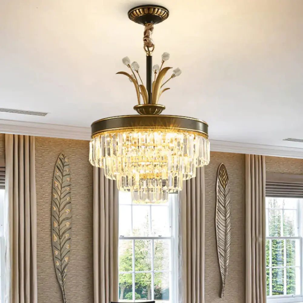 Led Clear Crystal Chandelier Light Classic Gold Layered Dining Room Hanging Pendant Lamp