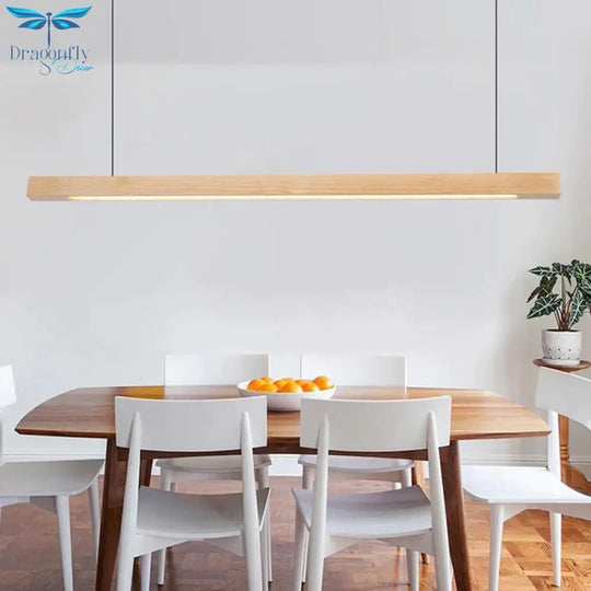 Led Dining Room Chandelier Lamp Modernism Beige Suspension Light With Rectangle Wood Shade