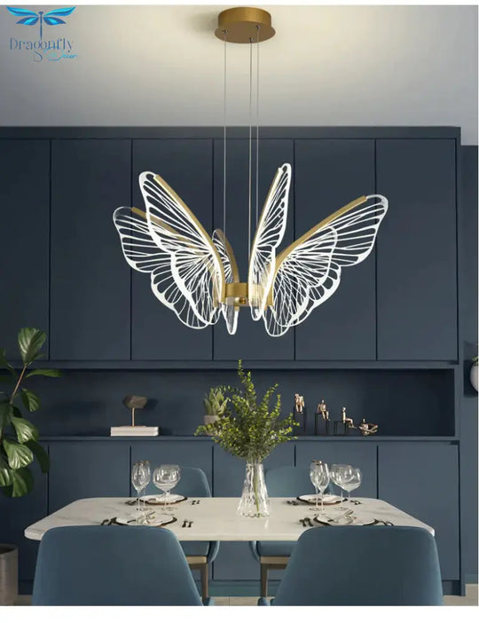 Led Iron Butterfly Three Color Dimming Glass Chandelier Pendant