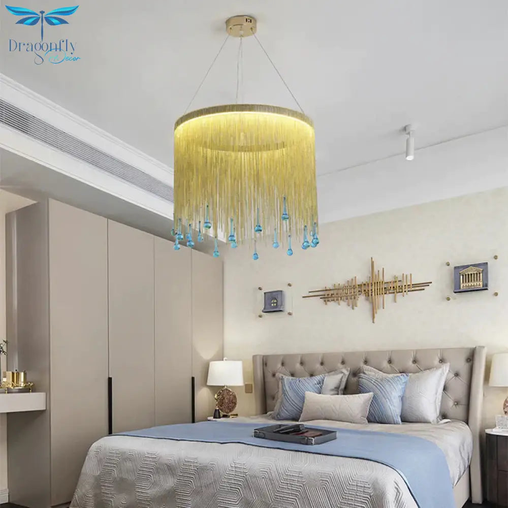 Led Metal Chandelier Light Fixture Countryside Silver/Gold Chain Fringe Living Room Ceiling Hang