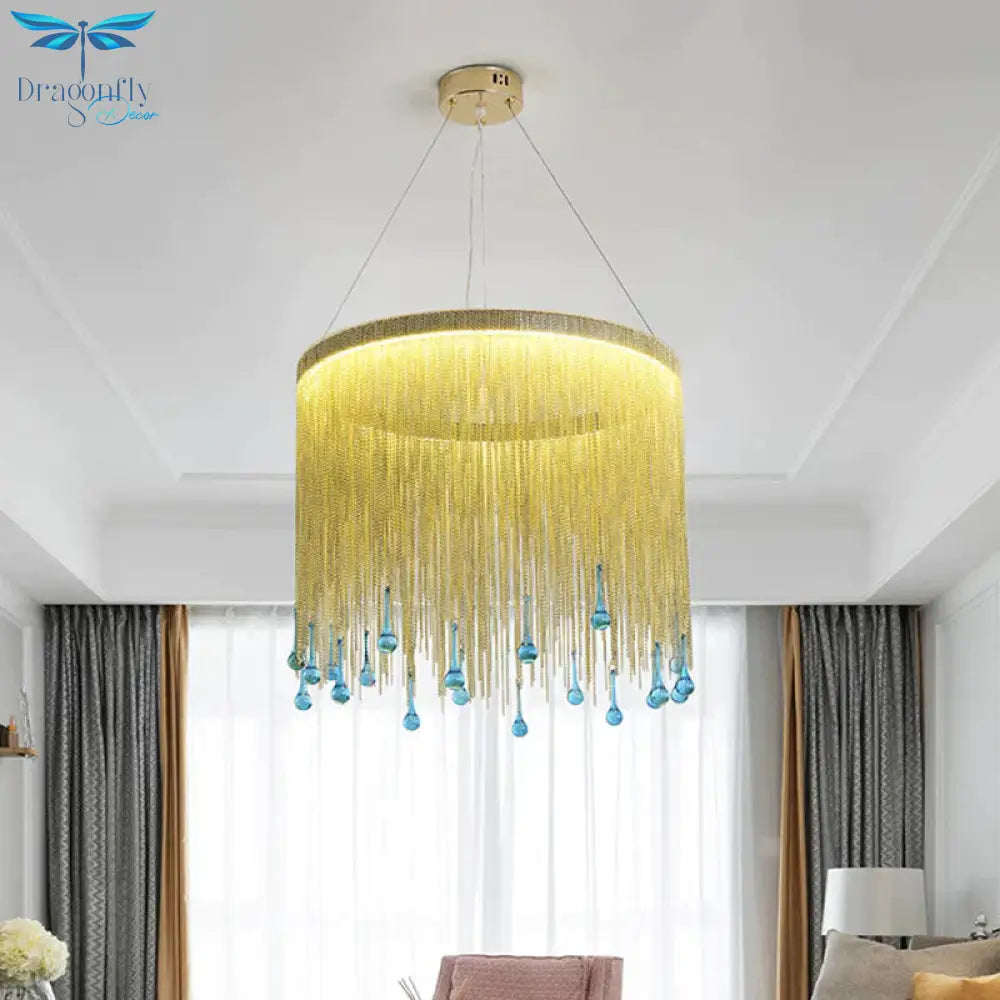 Led Metal Chandelier Light Fixture Countryside Silver/Gold Chain Fringe Living Room Ceiling Hang