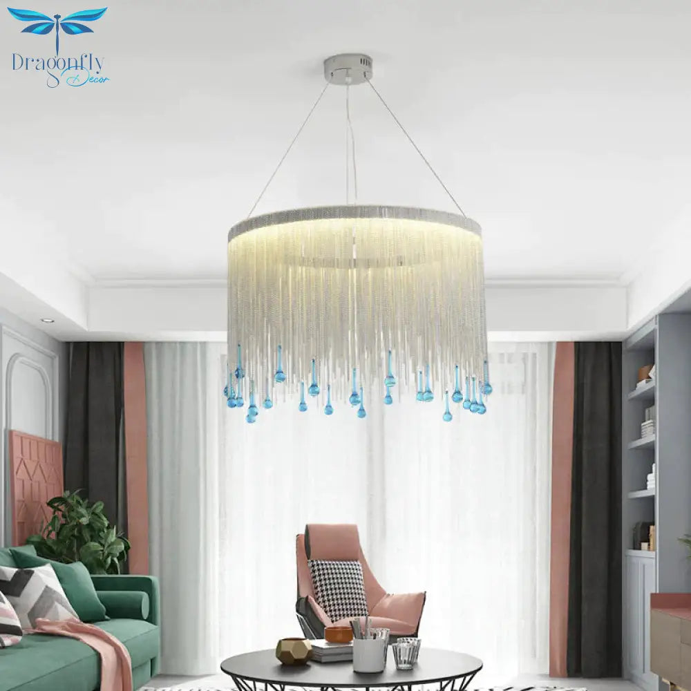 Led Metal Chandelier Light Fixture Countryside Silver/Gold Chain Fringe Living Room Ceiling Hang