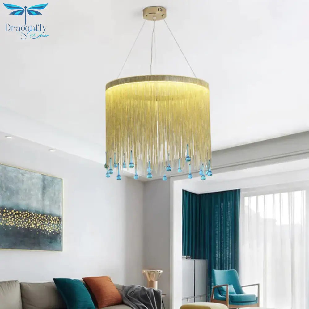 Led Metal Chandelier Light Fixture Countryside Silver/Gold Chain Fringe Living Room Ceiling Hang