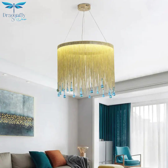 Led Metal Chandelier Light Fixture Countryside Silver/Gold Chain Fringe Living Room Ceiling Hang