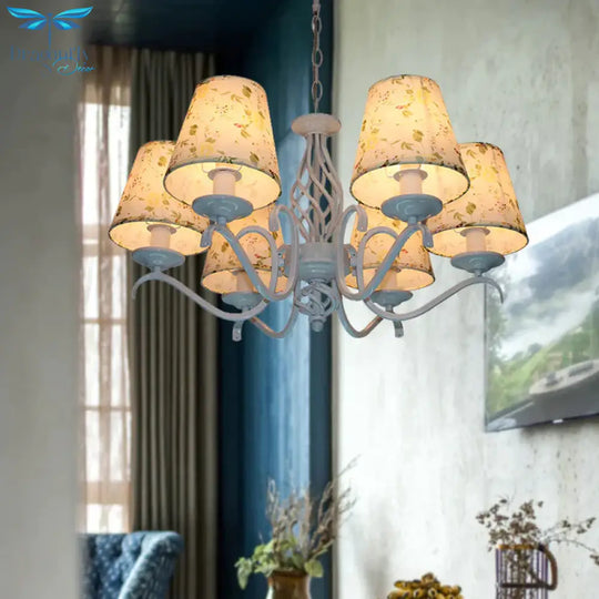 Light Blue 6 Heads Chandelier Traditionalism Fabric Conical Led Suspended Lighting Fixture