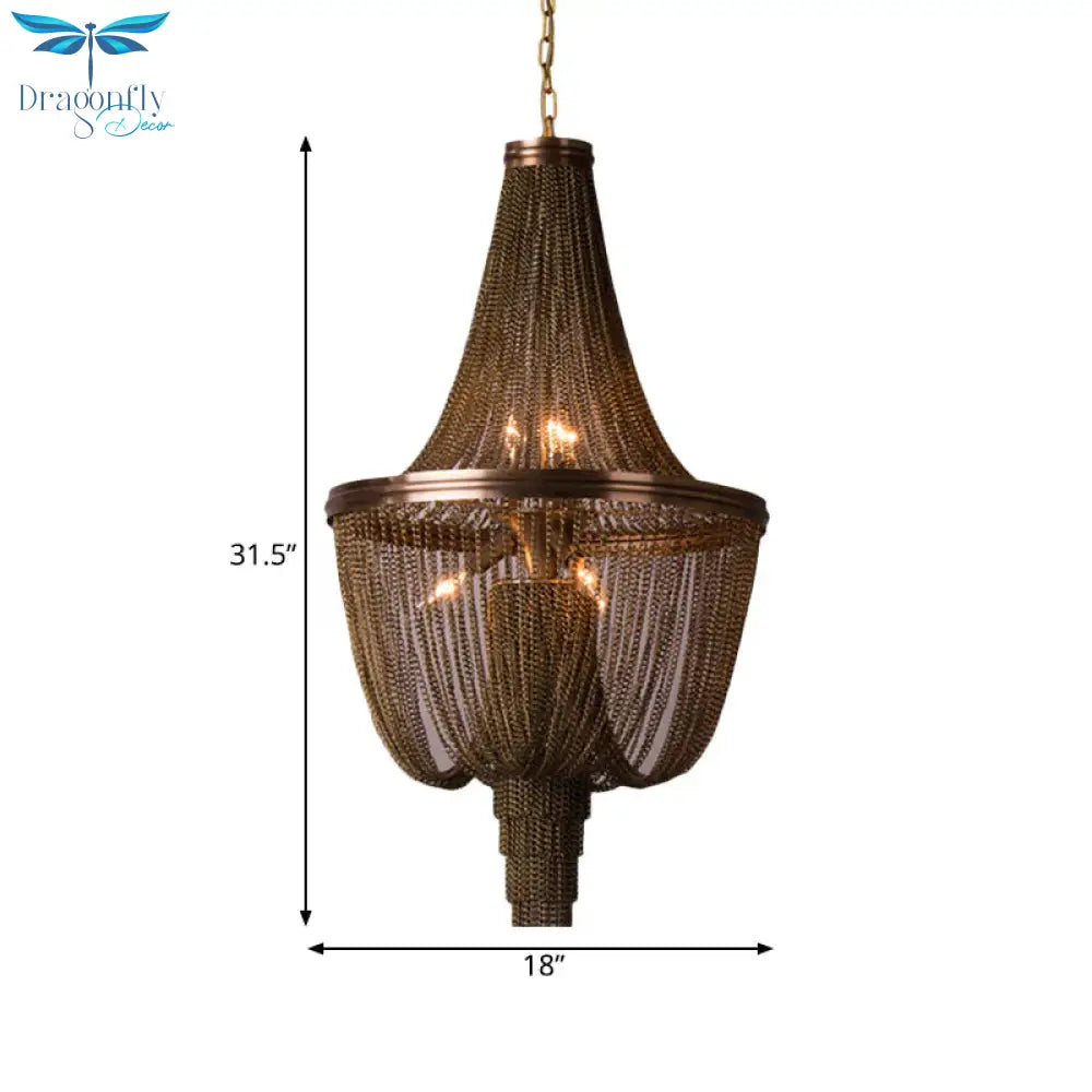 Lodge Chain Fringe Chandelier Lamp 6 Lights Metallic Pendant Light Kit In Brown For Living Room