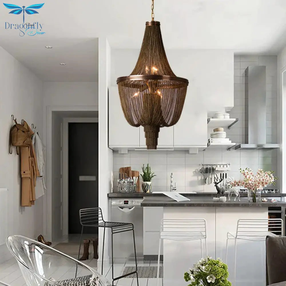 Lodge Chain Fringe Chandelier Lamp 6 Lights Metallic Pendant Light Kit In Brown For Living Room
