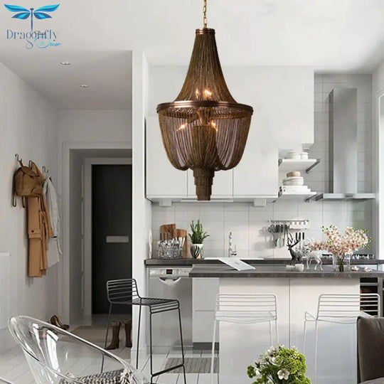 Lodge Chain Fringe Chandelier Lamp 6 Lights Metallic Pendant Light Kit In Brown For Living Room