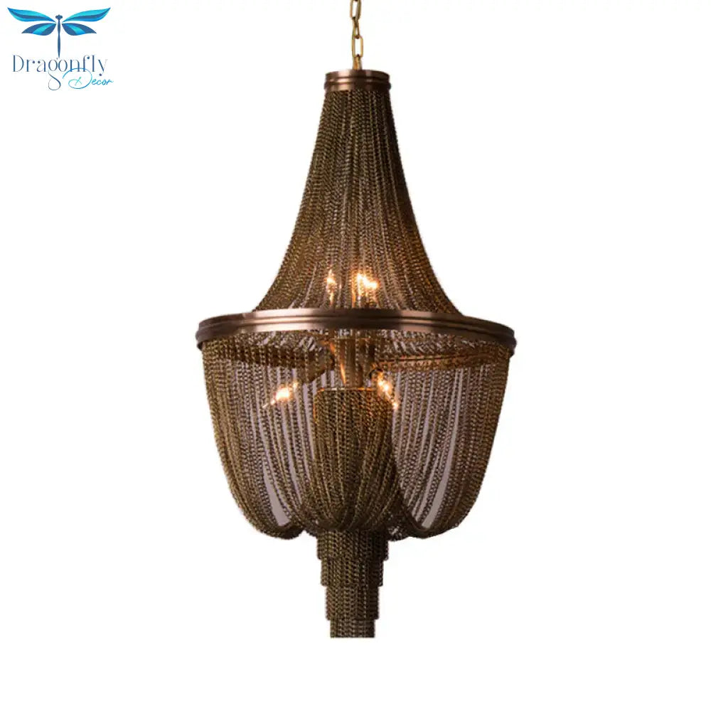 Lodge Chain Fringe Chandelier Lamp 6 Lights Metallic Pendant Light Kit In Brown For Living Room