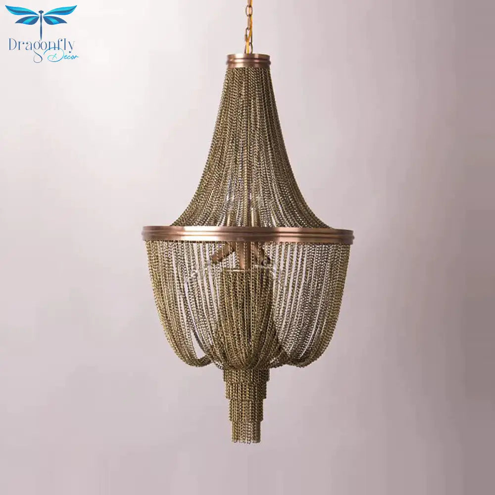Lodge Chain Fringe Chandelier Lamp 6 Lights Metallic Pendant Light Kit In Brown For Living Room