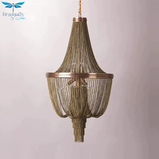 Lodge Chain Fringe Chandelier Lamp 6 Lights Metallic Pendant Light Kit In Brown For Living Room