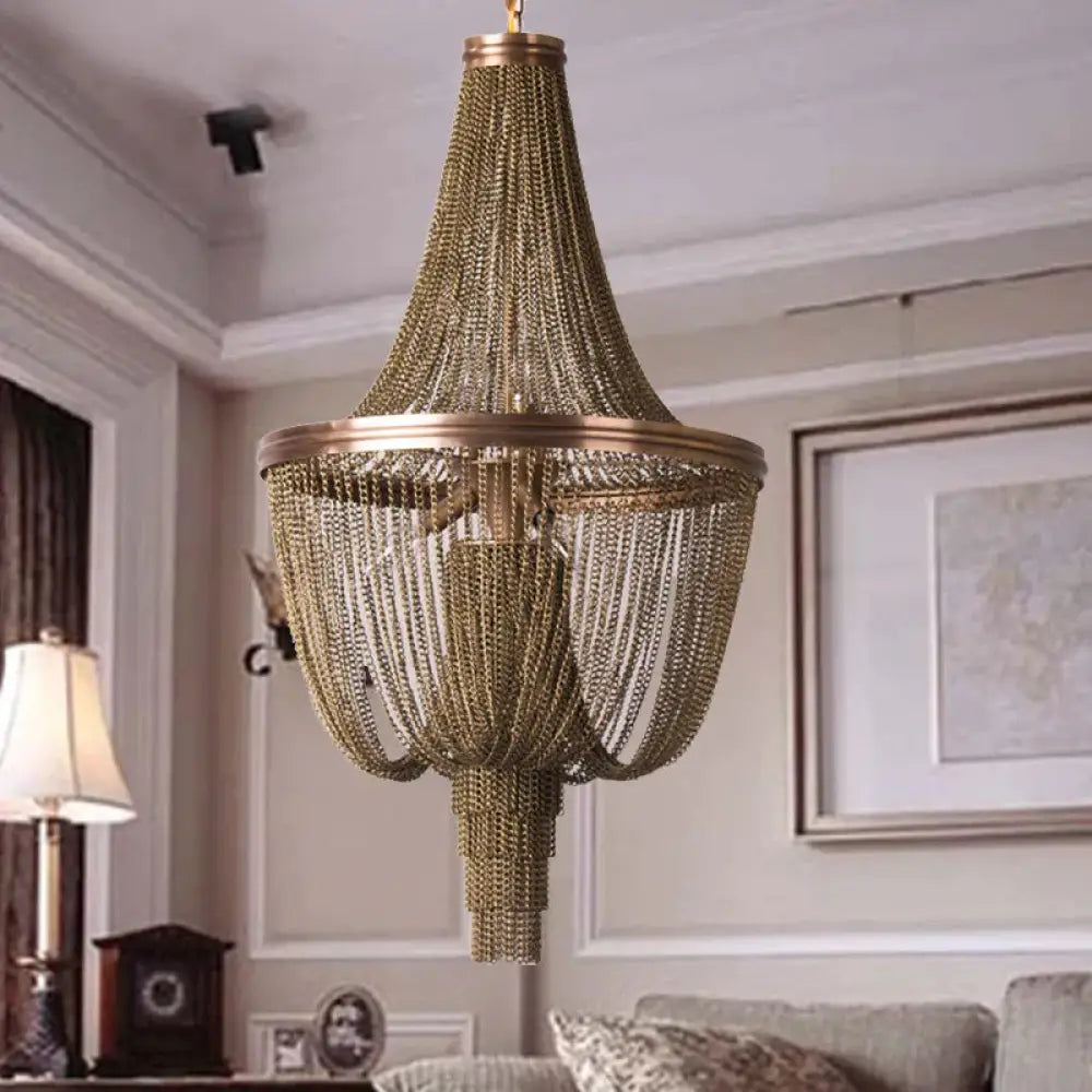 Lodge Chain Fringe Chandelier Lamp 6 Lights Metallic Pendant Light Kit In Brown For Living Room