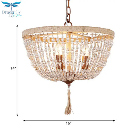 Lodge Style Bowl Chandelier Lamp Clear Crystal Bead 3 Lights Hanging Pendant Light With Rope Detail