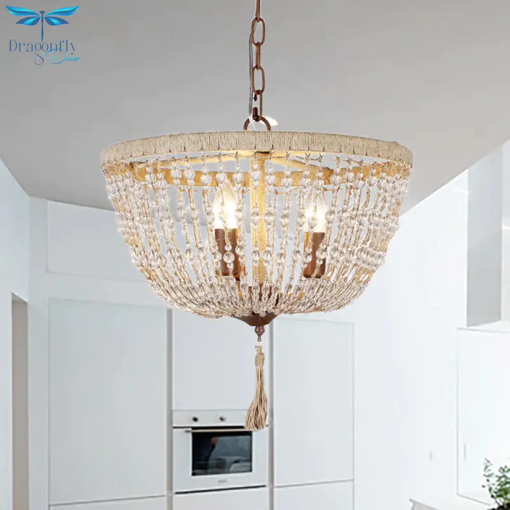 Lodge Style Bowl Chandelier Lamp Clear Crystal Bead 3 Lights Hanging Pendant Light With Rope Detail