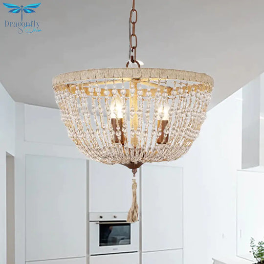 Lodge Style Bowl Chandelier Lamp Clear Crystal Bead 3 Lights Hanging Pendant Light With Rope Detail