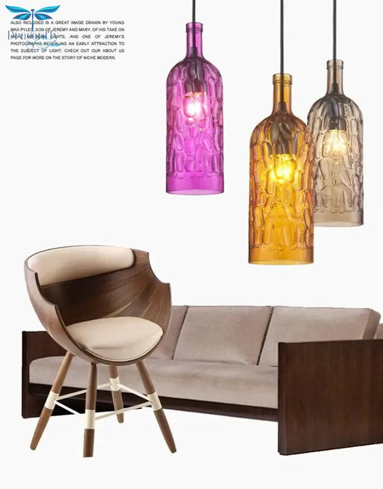 Loft Modern Colorful Winebottle Glass Pendant Lights Cord E27 Led Lamp For Kitchen Restaurant