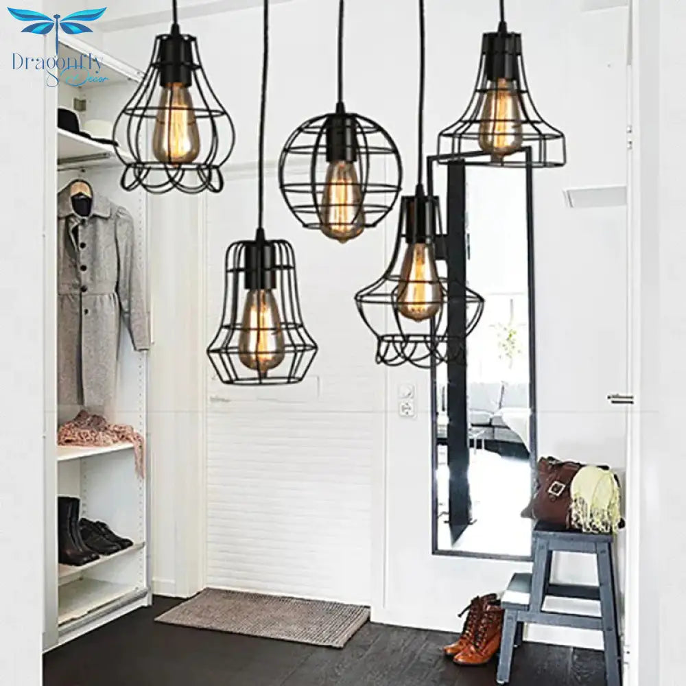 Loft Retro Vintage Black Industrial Iron Cage Pendant Lamp Cord Lights Illumination For Dining Room