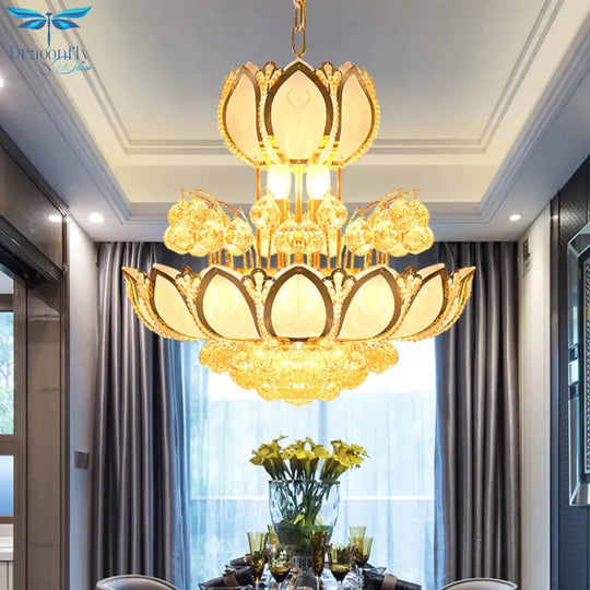 Lotus Blossom Restaurant Chandelier Modern Crystal 8 Heads Gold Finish Hanging Pendant Light