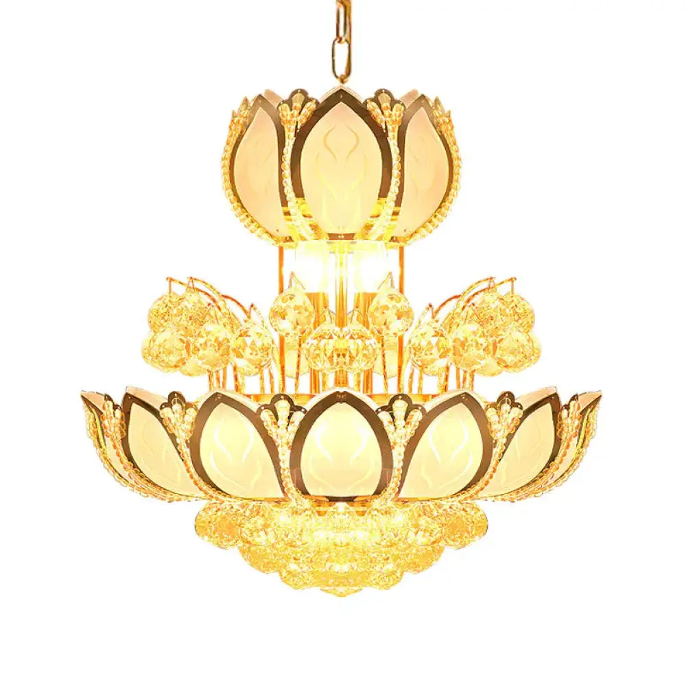Lotus Blossom Restaurant Chandelier Modern Crystal 8 Heads Gold Finish Hanging Pendant Light