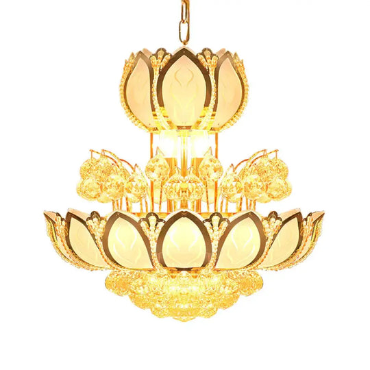 Lotus Blossom Restaurant Chandelier Modern Crystal 8 Heads Gold Finish Hanging Pendant Light