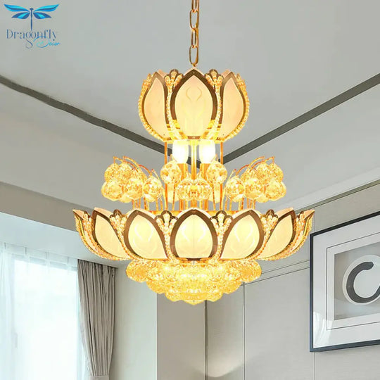 Lotus Blossom Restaurant Chandelier Modern Crystal 8 Heads Gold Finish Hanging Pendant Light