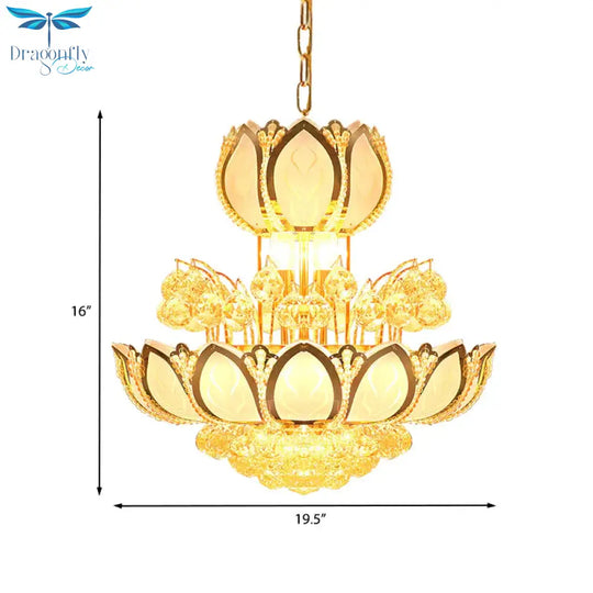 Lotus Blossom Restaurant Chandelier Modern Crystal 8 Heads Gold Finish Hanging Pendant Light