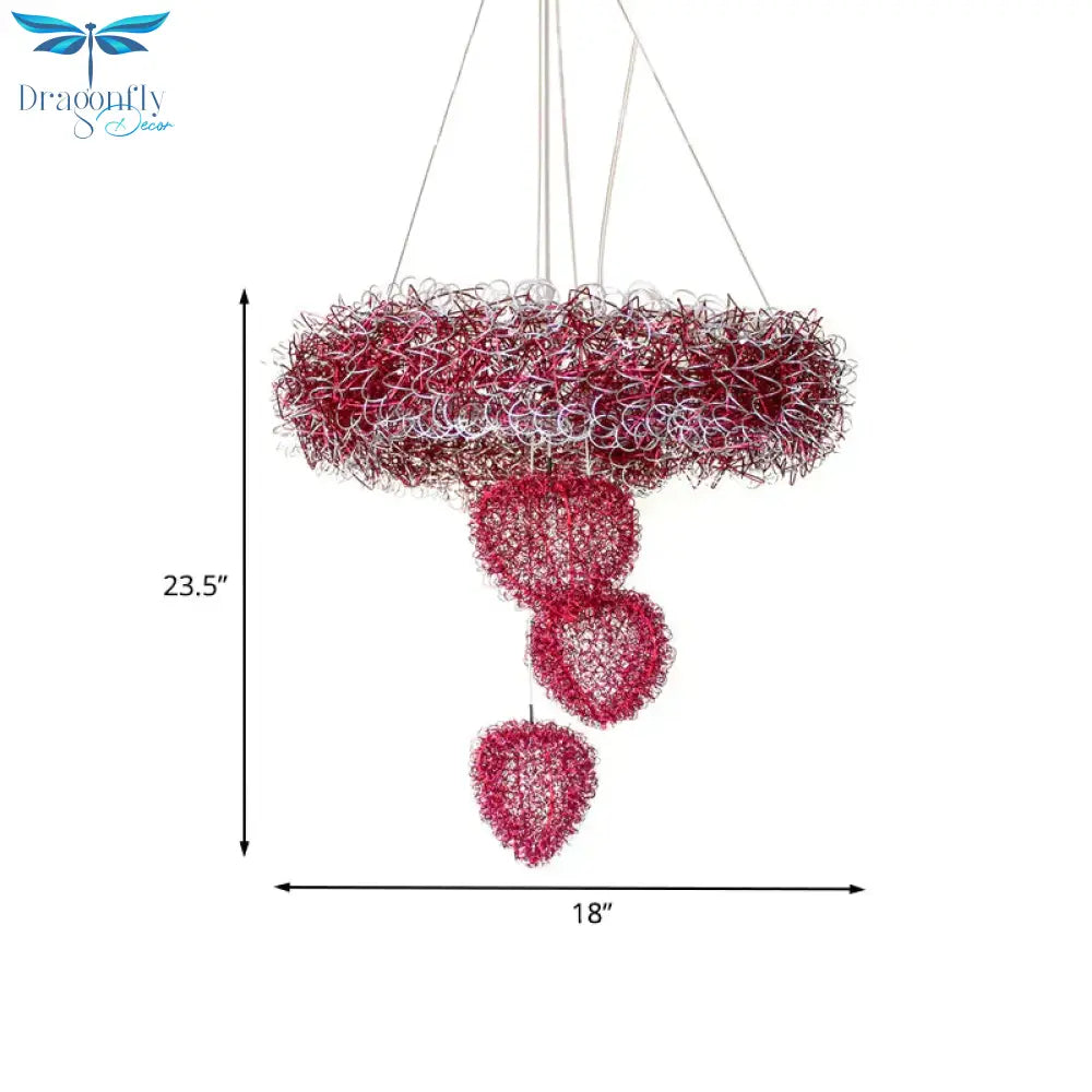 Loving Heart Pendant Chandelier Nordic Style Metal Wire 7 Heads Rose Red Pendulum Lighting