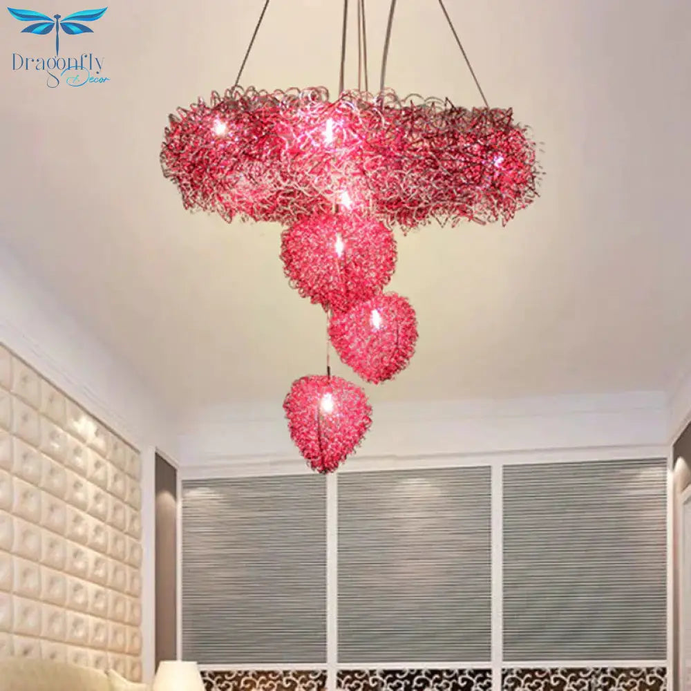 Loving Heart Pendant Chandelier Nordic Style Metal Wire 7 Heads Rose Red Pendulum Lighting