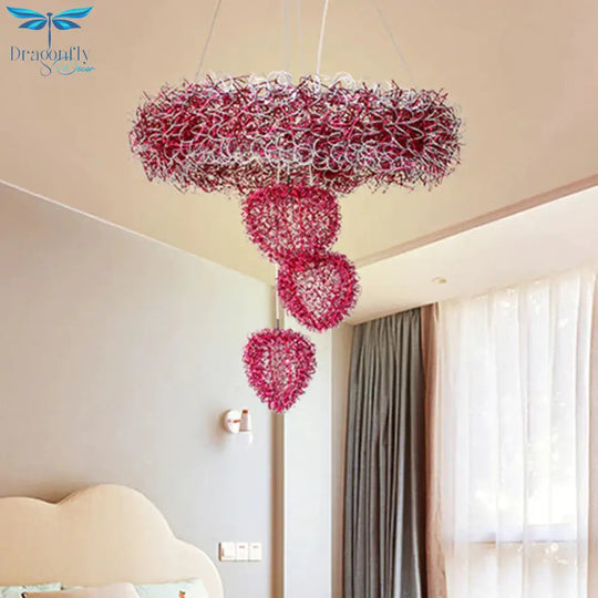 Loving Heart Pendant Chandelier Nordic Style Metal Wire 7 Heads Rose Red Pendulum Lighting