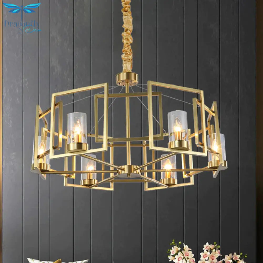 Luxury Cylinder Chandelier Pendant Light 4/6 - Head Clear Glass Hanging Lamp In Gold With Rectangle