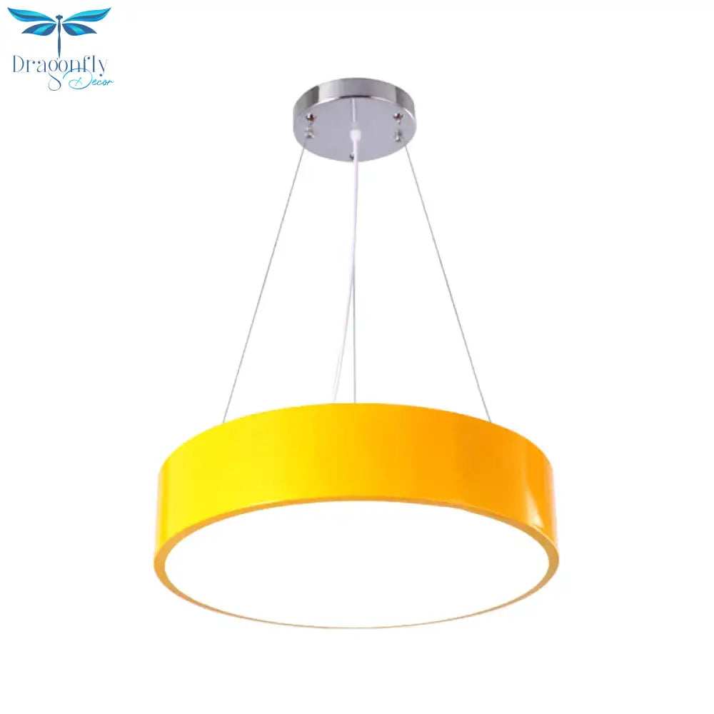 Macaron Drum Shaped Pendant Light Metal Nursery School Led Hanging Fixture In Red/Yellow/Green