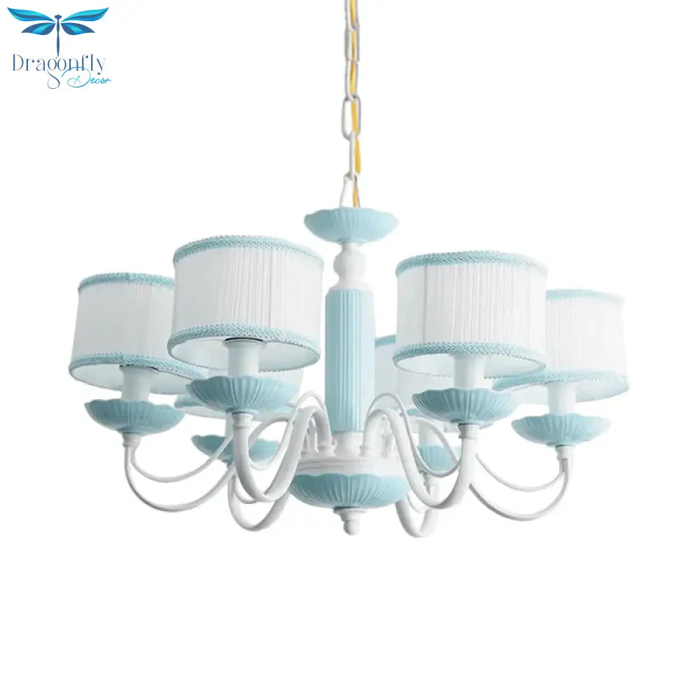 Macaroon 3/6 Bulbs Pendant Light Pink/Blue Drum Chandelier Lighting Fixture With Fabric Shade