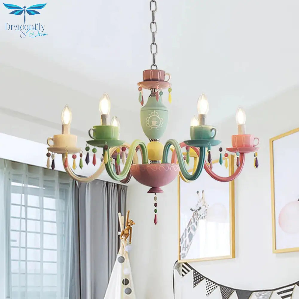 Macaroon Cup Crystal Chandelier 5/6 Lights Pendant Lighting Fixture In Blue - Yellow - Green - Pink