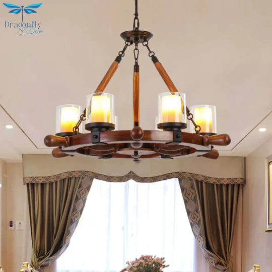 Marble/Clear Glass Brown Chandelier Cylinder 6/8 Lights Traditional Rope Pendant Lamp With Wood